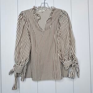 Entro Cinnamon Stripe Puff Sleeve Blouse Small Ruffle Boho Cottagecore